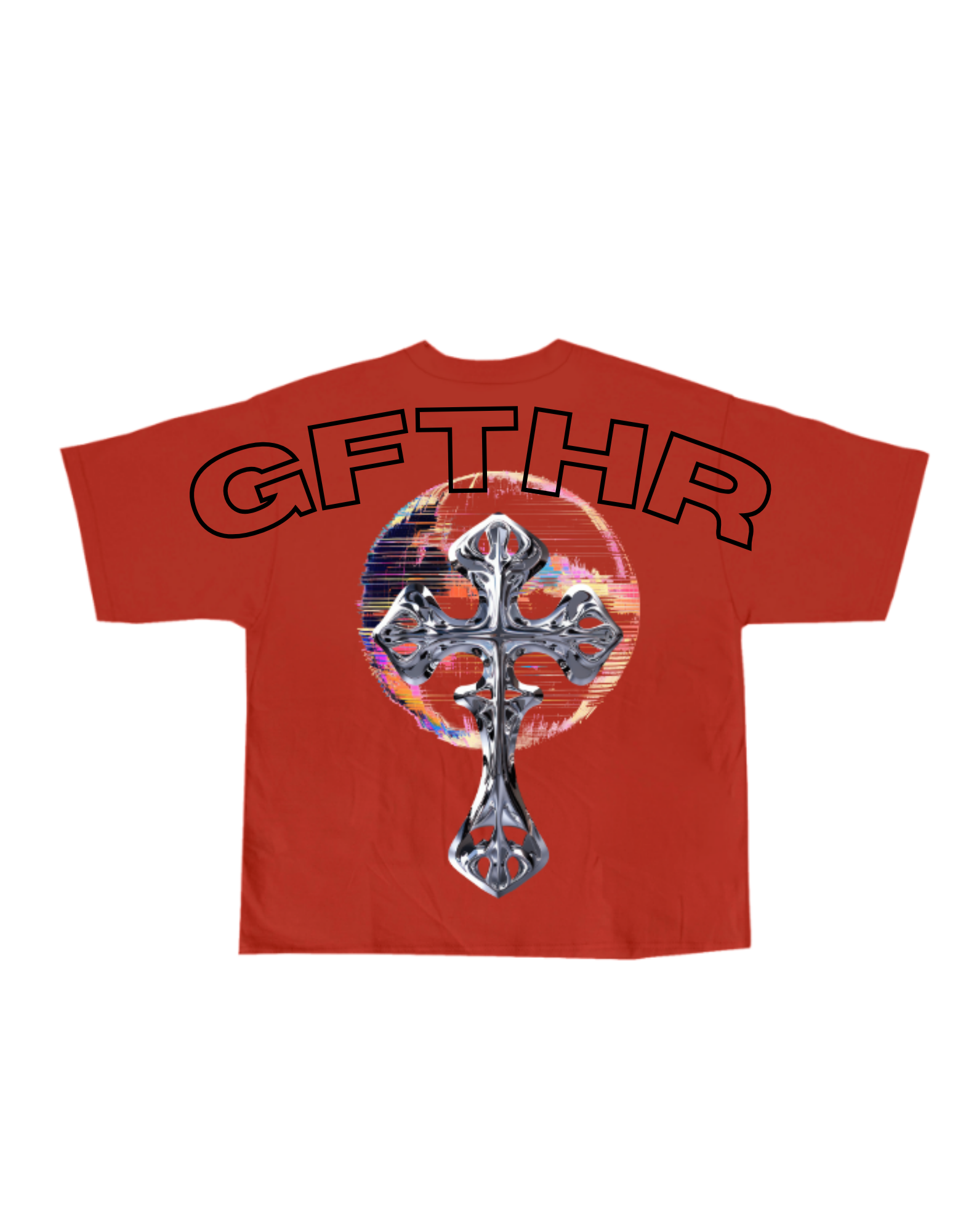 Close-up of red cipher typography graphic on GFTHR™ Club Edition t-shirt
