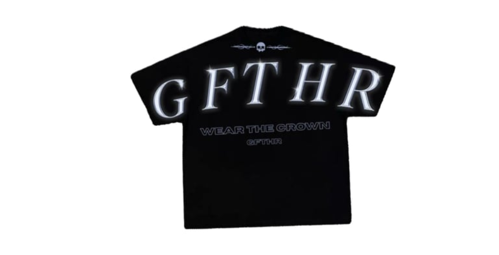 Black t-shirt with white text on a white background