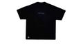 Black t-shirt with a brand logo on a white background