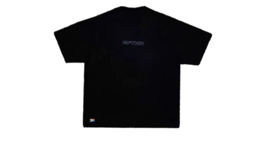Black t-shirt with a brand logo on a white background