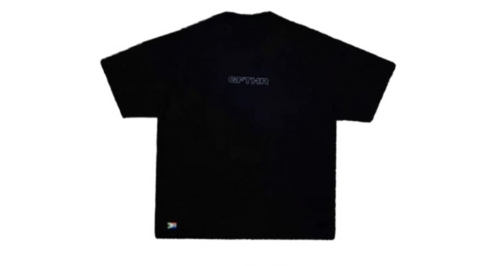 Black t-shirt with a brand logo on a white background