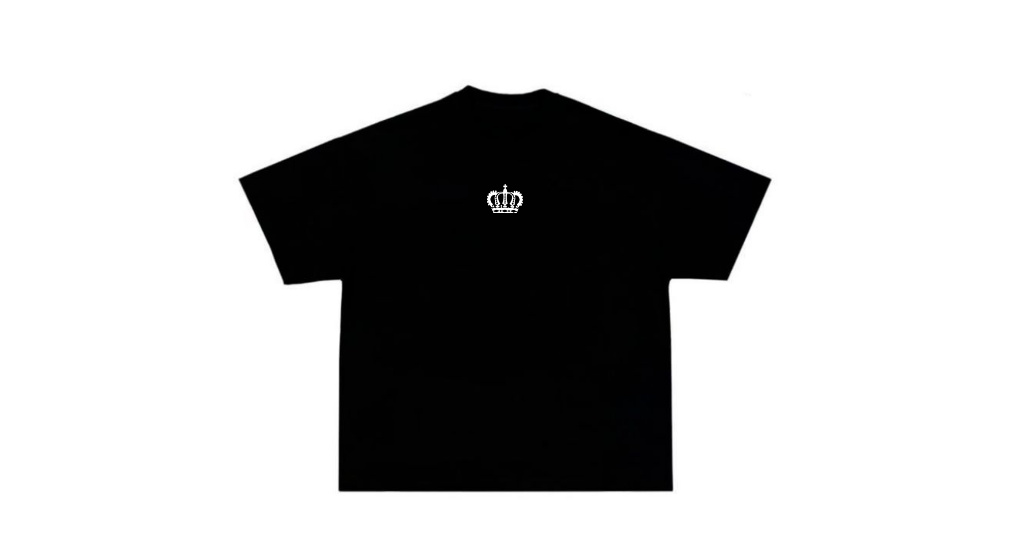Black t-shirt with a white crown logo on a white background