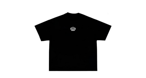 Black t-shirt with a white crown logo on a white background